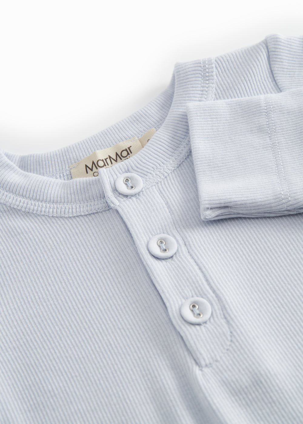 Light blue baby bodystocking with a peplum closure at the front