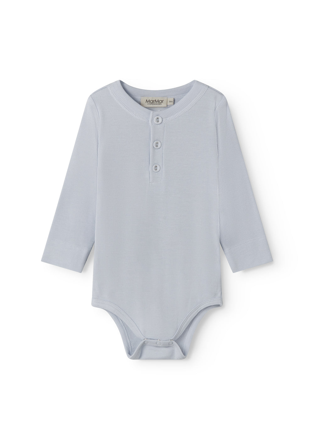 Light blue baby bodystocking with a peplum closure at the front