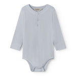 Light blue baby bodystocking with a peplum closure at the front