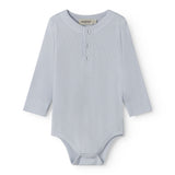 Light blue baby bodystocking with a peplum closure at the front