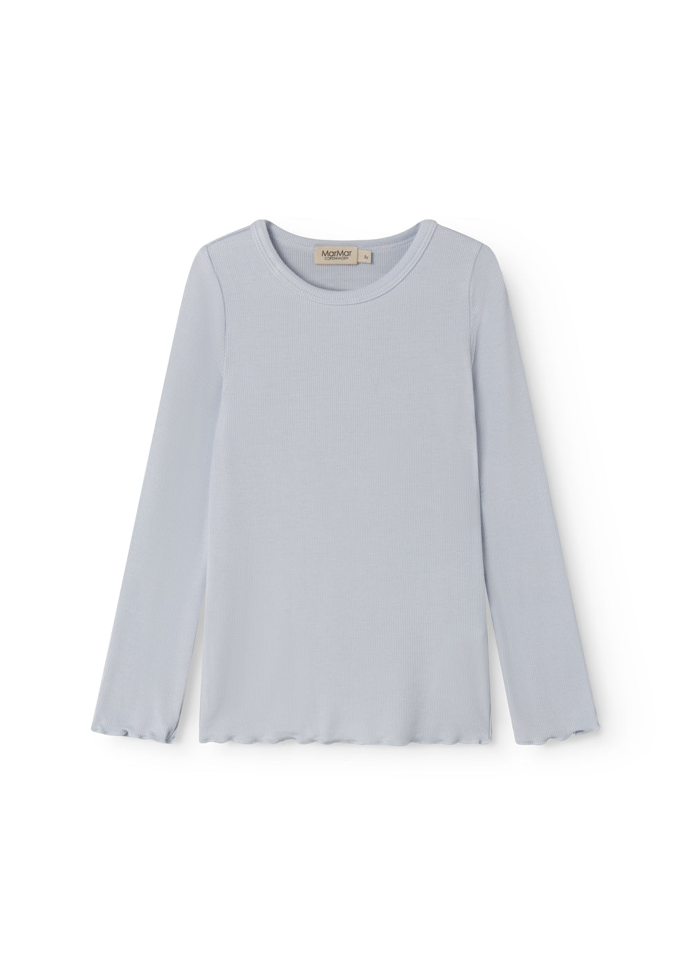 Light blue long-sleeved t-shirt for children with ruffle details.