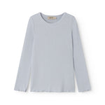 Light blue long-sleeved t-shirt for children with ruffle details.