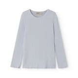 Light blue long-sleeved t-shirt for children with ruffle details.