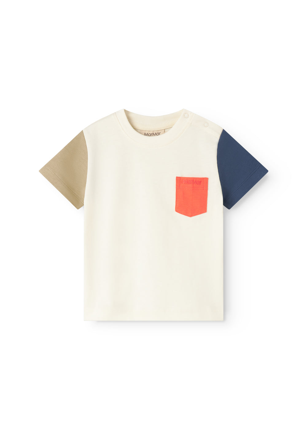Short-sleeved baby T-shirt in raw white with contrasting sleeves and chest pocket.