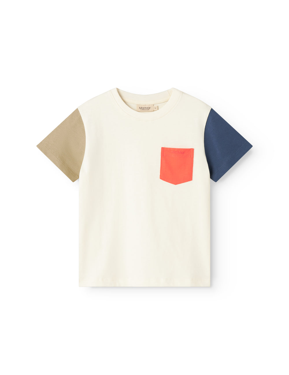 Short-sleeved children's T-shirt in raw white with contrast sleeves and chest pocket.