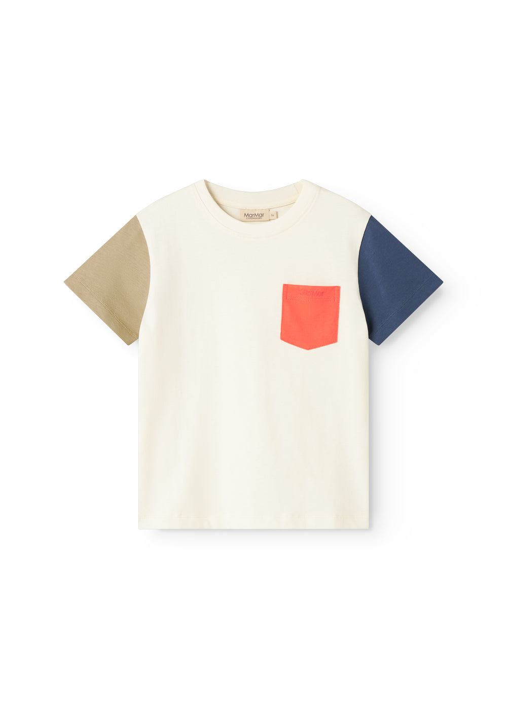 Short-sleeved children's T-shirt in raw white with contrast sleeves and chest pocket.