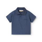 Short-sleeved blue polo t-shirt for children with collar and button-up.