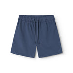 Blue children's shorts with wide elastic and ribbons.