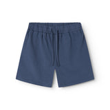 Blue children's shorts with wide elastic and ribbons.