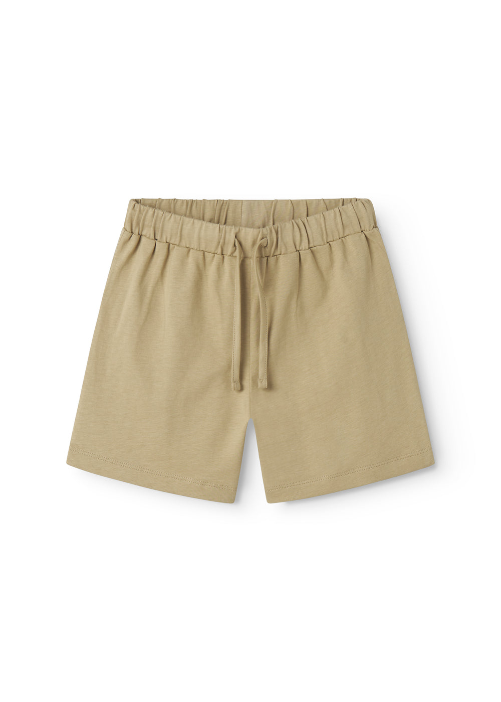 Beige children's shorts with wide elastic and ribbons.