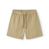 Beige children's shorts with wide elastic and ribbons.