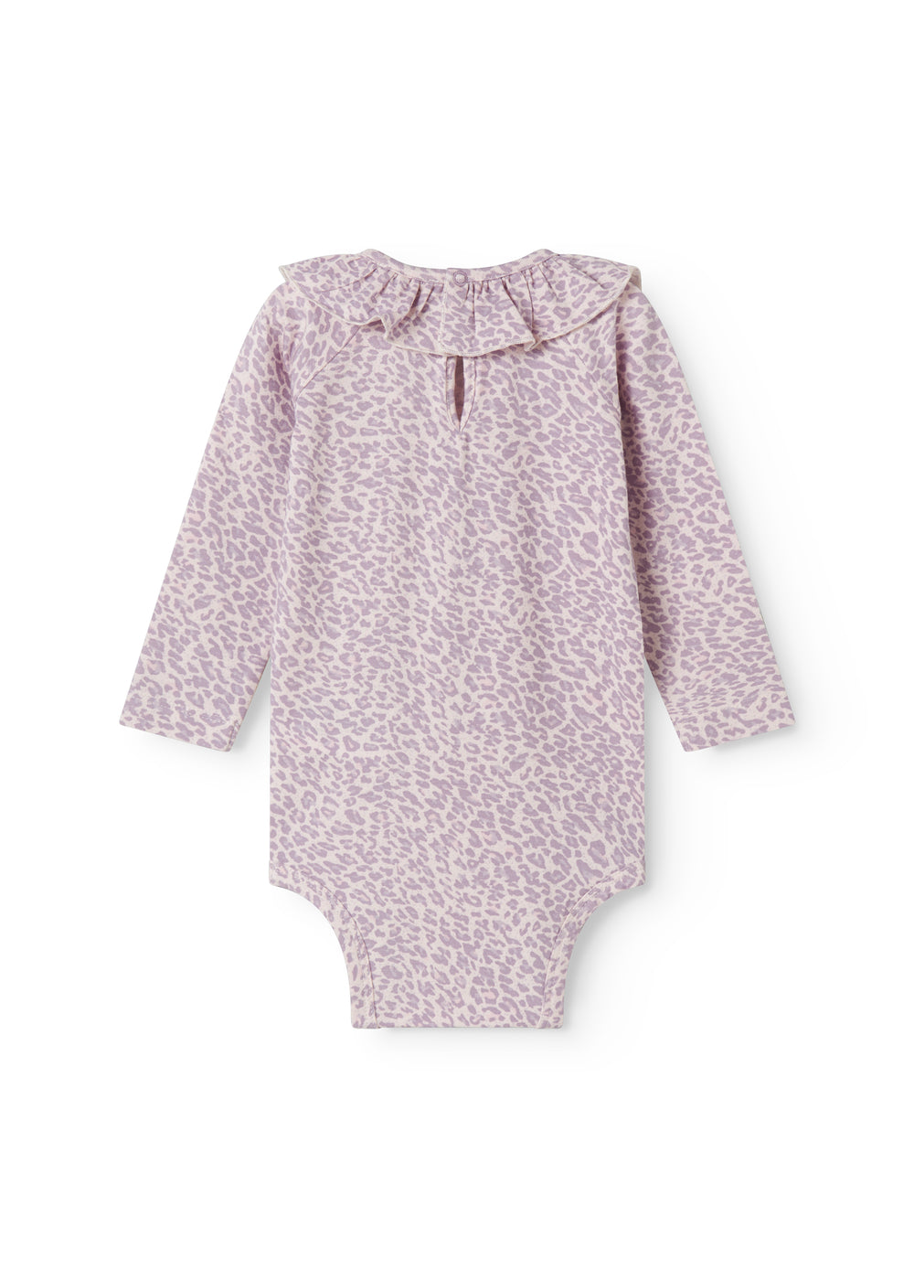 Lilla langærmet leopard baby bodystocking med flæsekrave