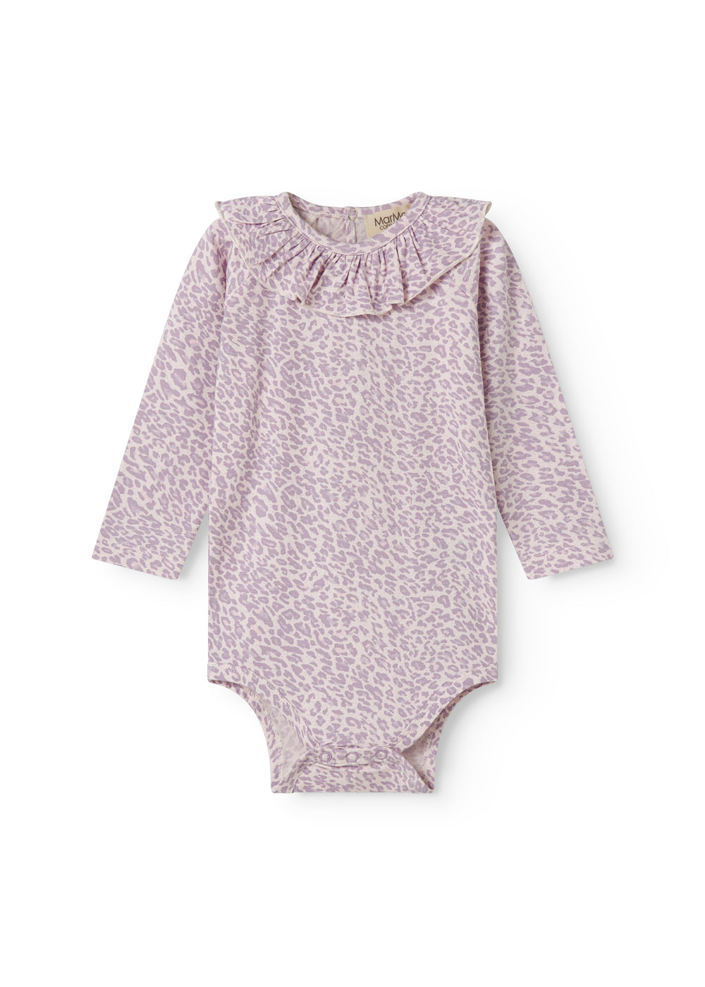 Pink long-sleeved leopard baby bodystocking with ruffled collar.