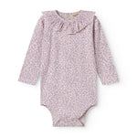 Pink long-sleeved leopard baby bodystocking with ruffled collar.