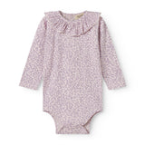 Pink long-sleeved leopard baby bodystocking with ruffled collar.