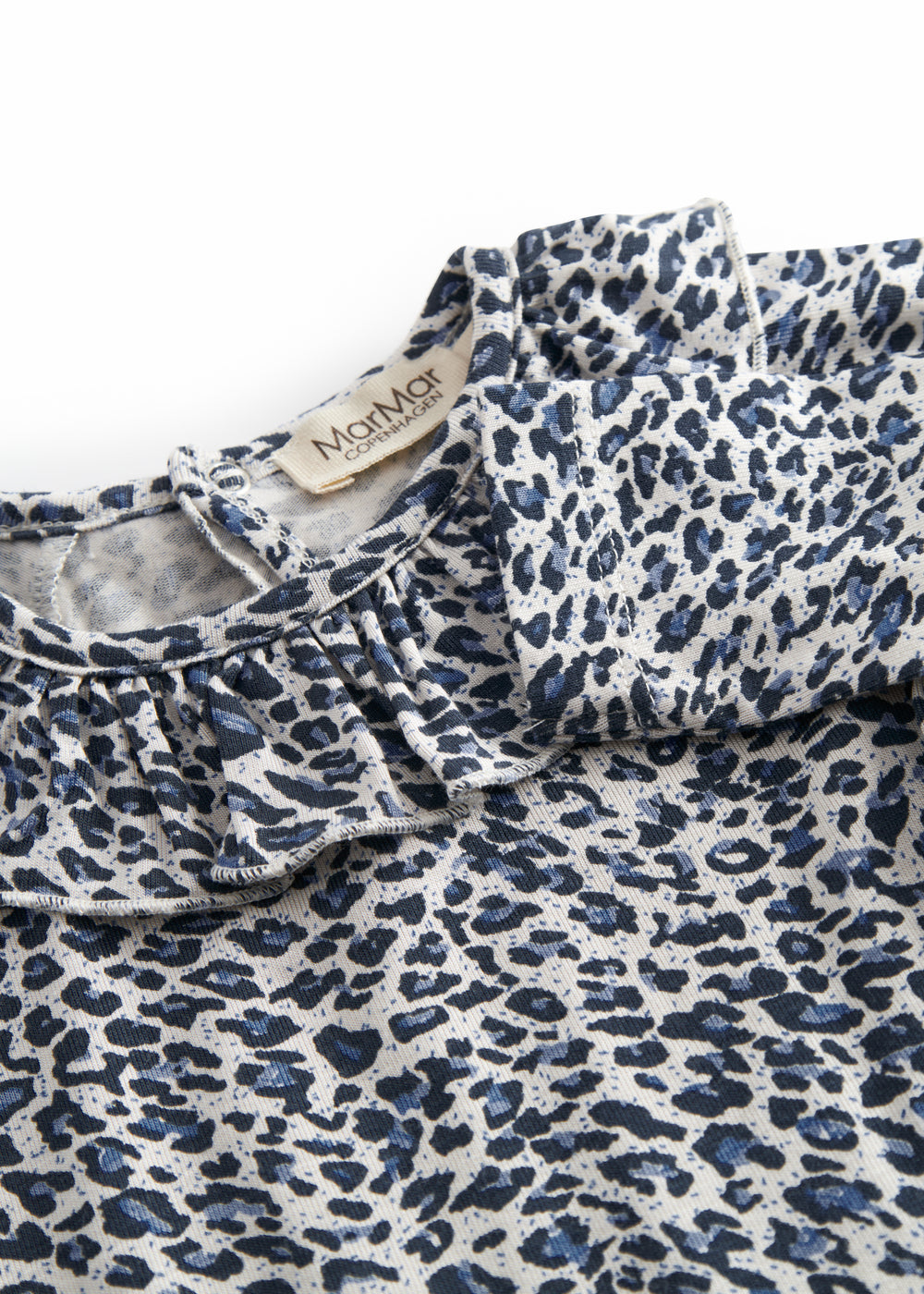 Blue long-sleeved leopard baby bodystocking with ruffled collar