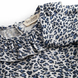 Blue long-sleeved leopard baby bodystocking with ruffled collar