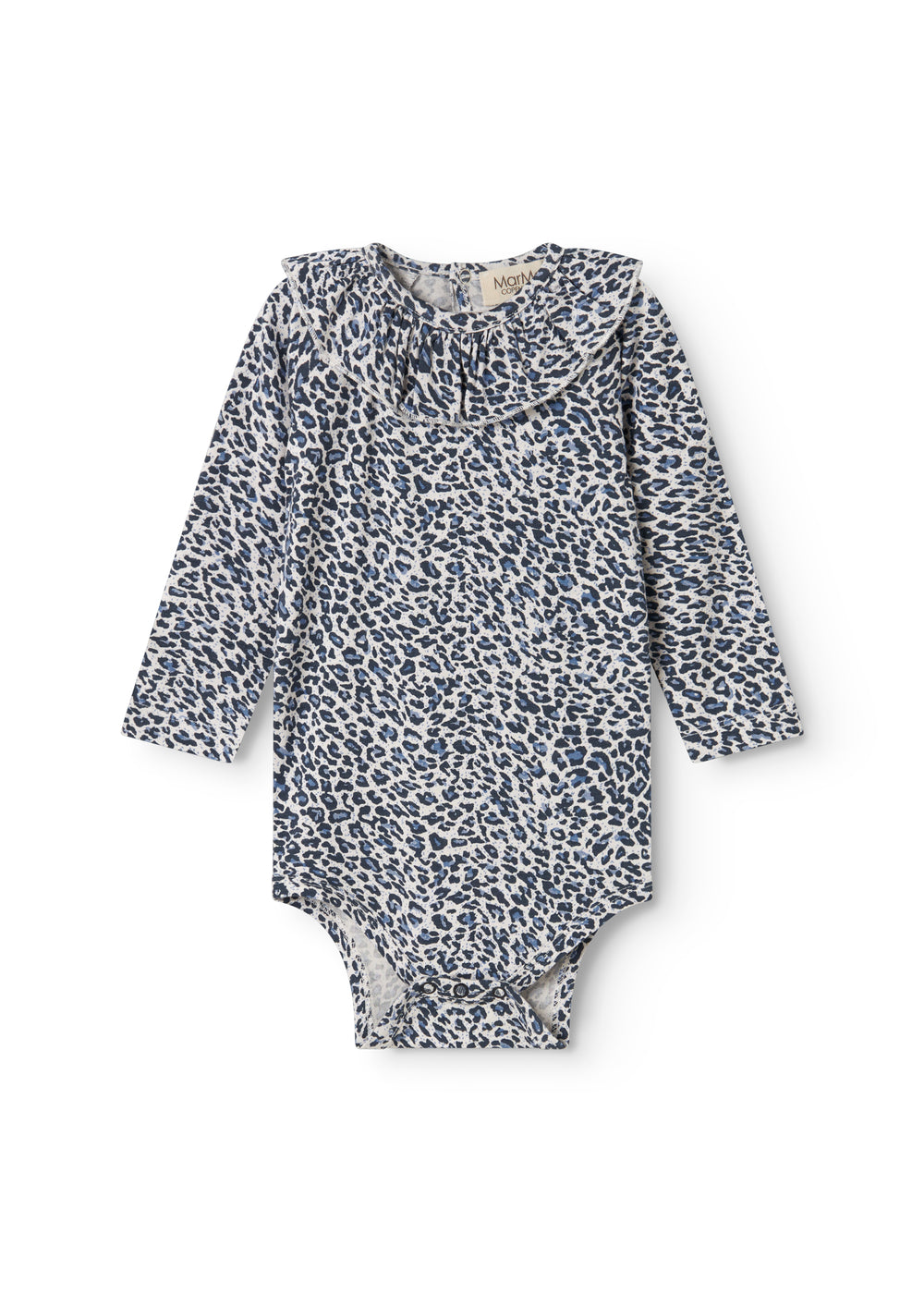 Blue long-sleeved leopard baby bodystocking with ruffled collar