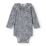 Blue long-sleeved leopard baby bodystocking with ruffled collar