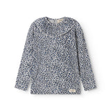 Leopard blue long-sleeved t-shirt for children with a crew neck