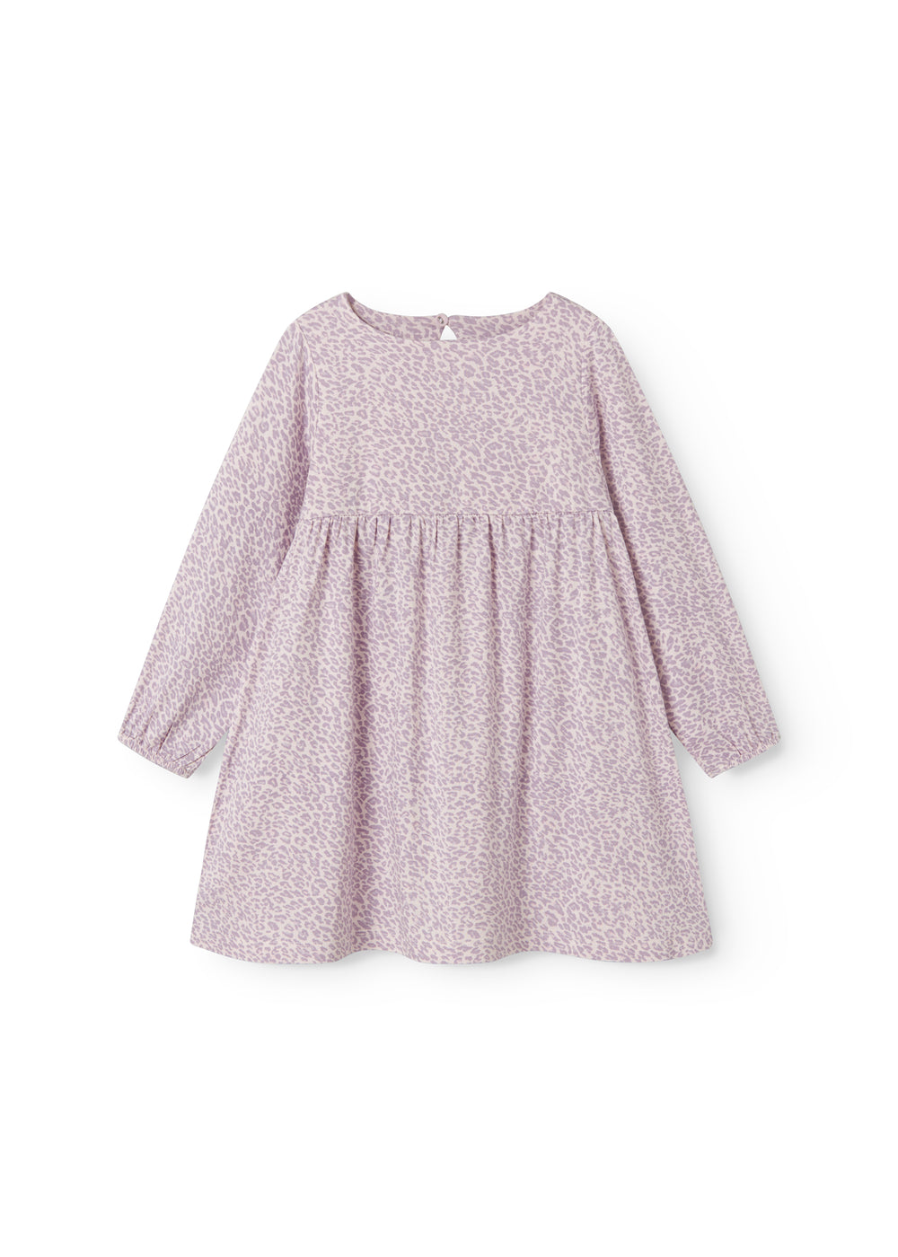 Lang-sleeved lyserød leopard dress for children with elastic in the sleeves and a snap closure at the back.