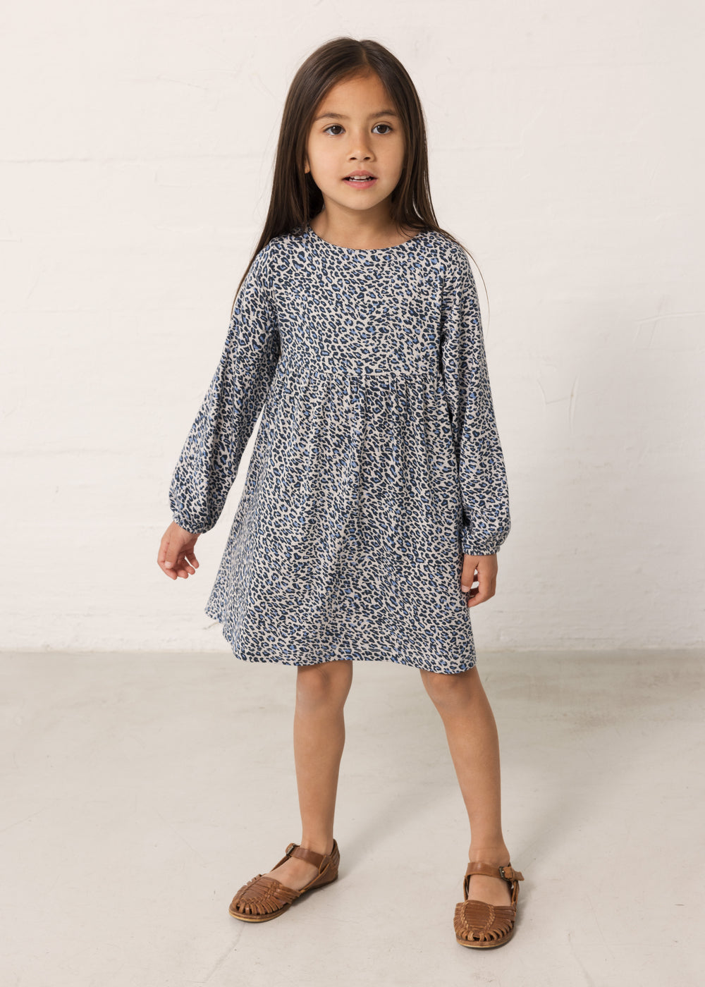Children's long-sleeved blue leopard dress with elastic in the sleeves and a back zipper.