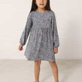Children's long-sleeved blue leopard dress with elastic in the sleeves and a back zipper.