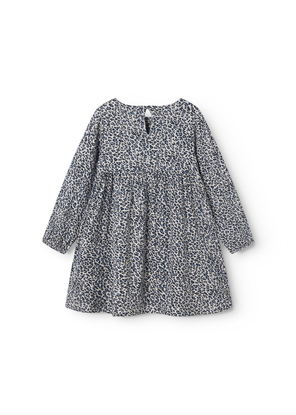 Leopard blue dress for children with elastic in the sleeves and a button-up back.