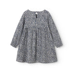 Leopard blue dress for children with elastic in the sleeves and a button-up back.