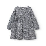 Leopard blue dress for children with elastic in the sleeves and a button-up back.