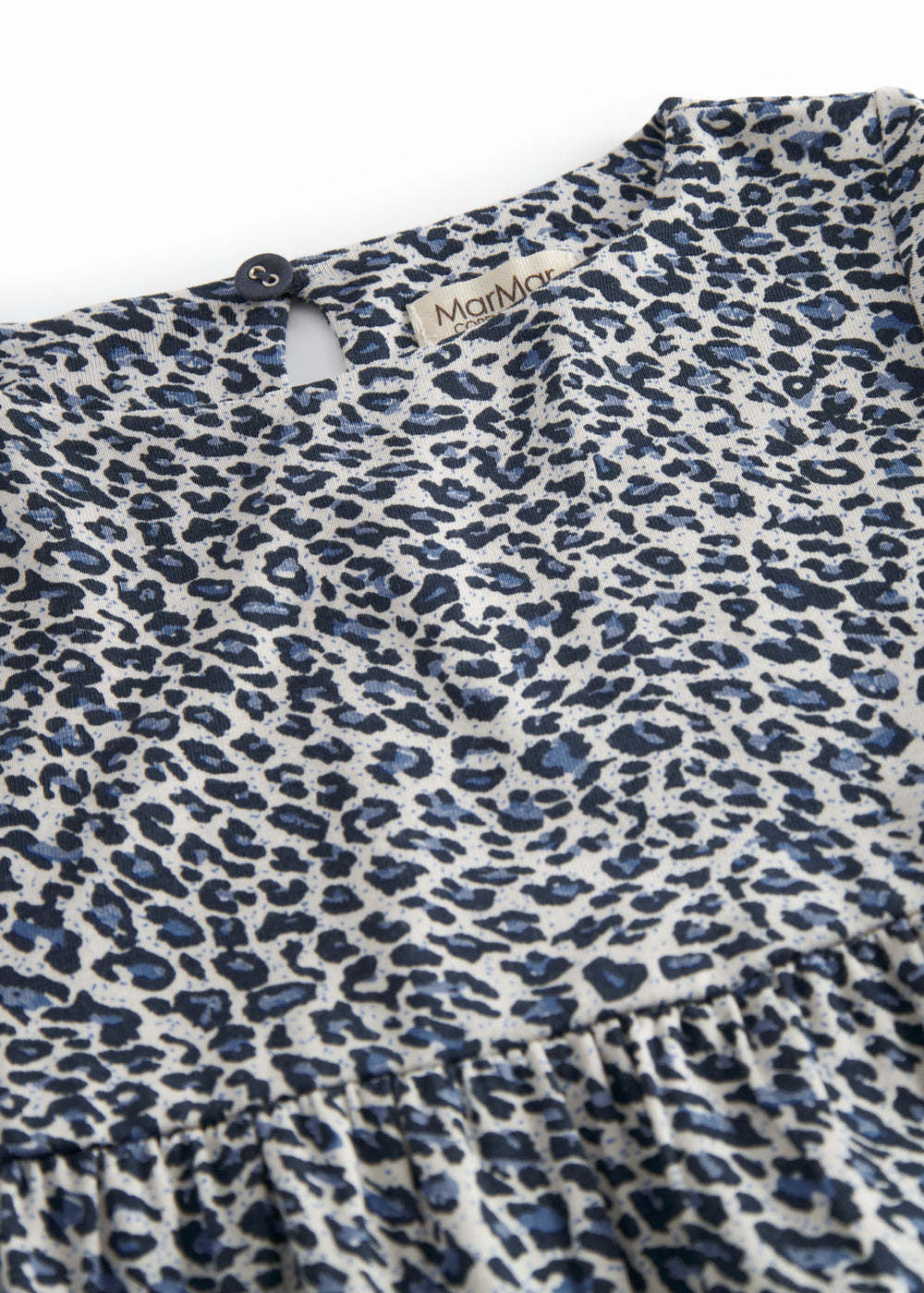 Langærmet blå leopard kjole til børn med  elastik i ærme og knaplukning bagpå