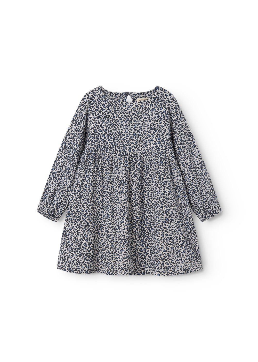 Leopard blue dress for children with elastic in the sleeves and a button-up back.
