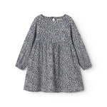 Leopard blue dress for children with elastic in the sleeves and a button-up back.