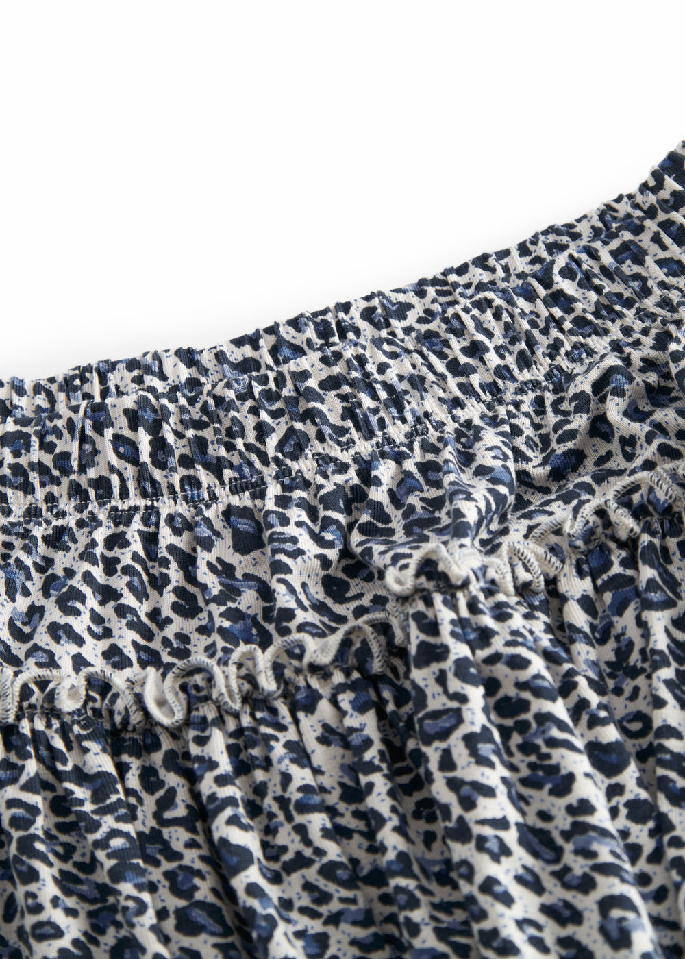 Leopard print blue skirt with waistband and elastic in the waist.