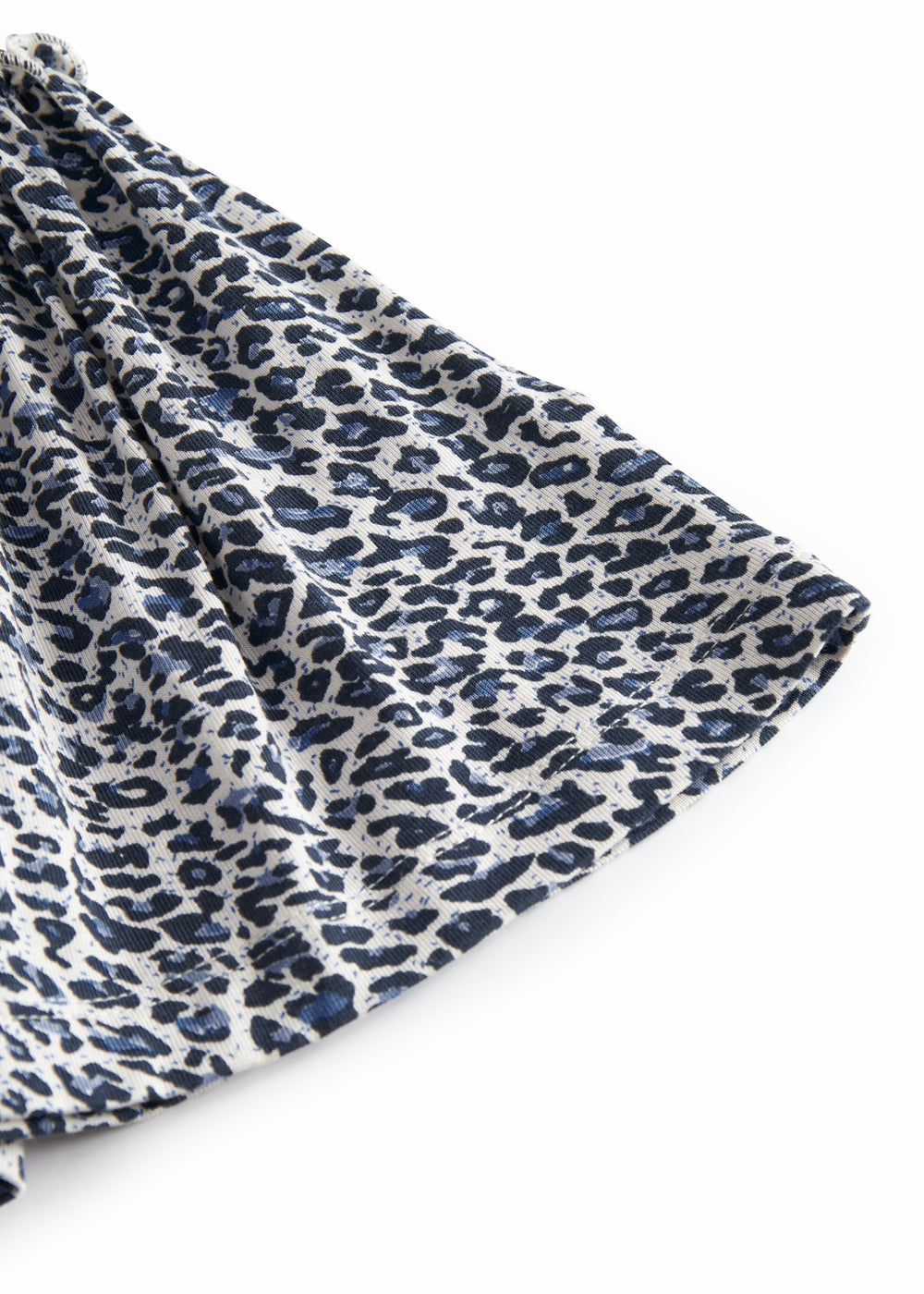 Leopard print blue skirt with waistband and elastic in the waist.