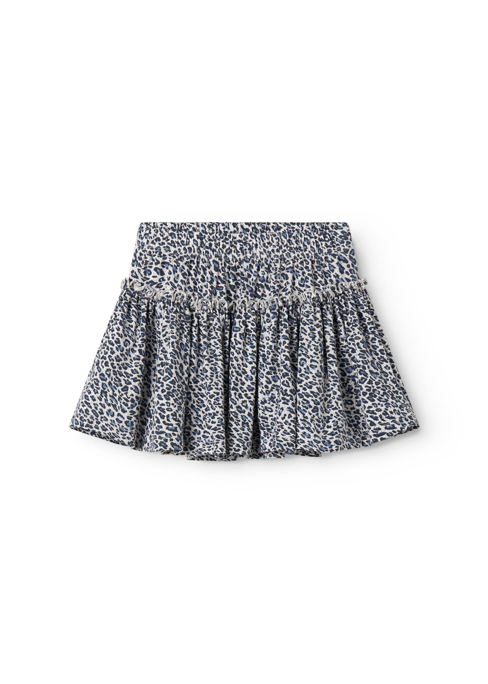 Leopard print blue skirt with waistband and elastic in the waist.