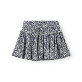 Leopard print blue skirt with waistband and elastic in the waist.