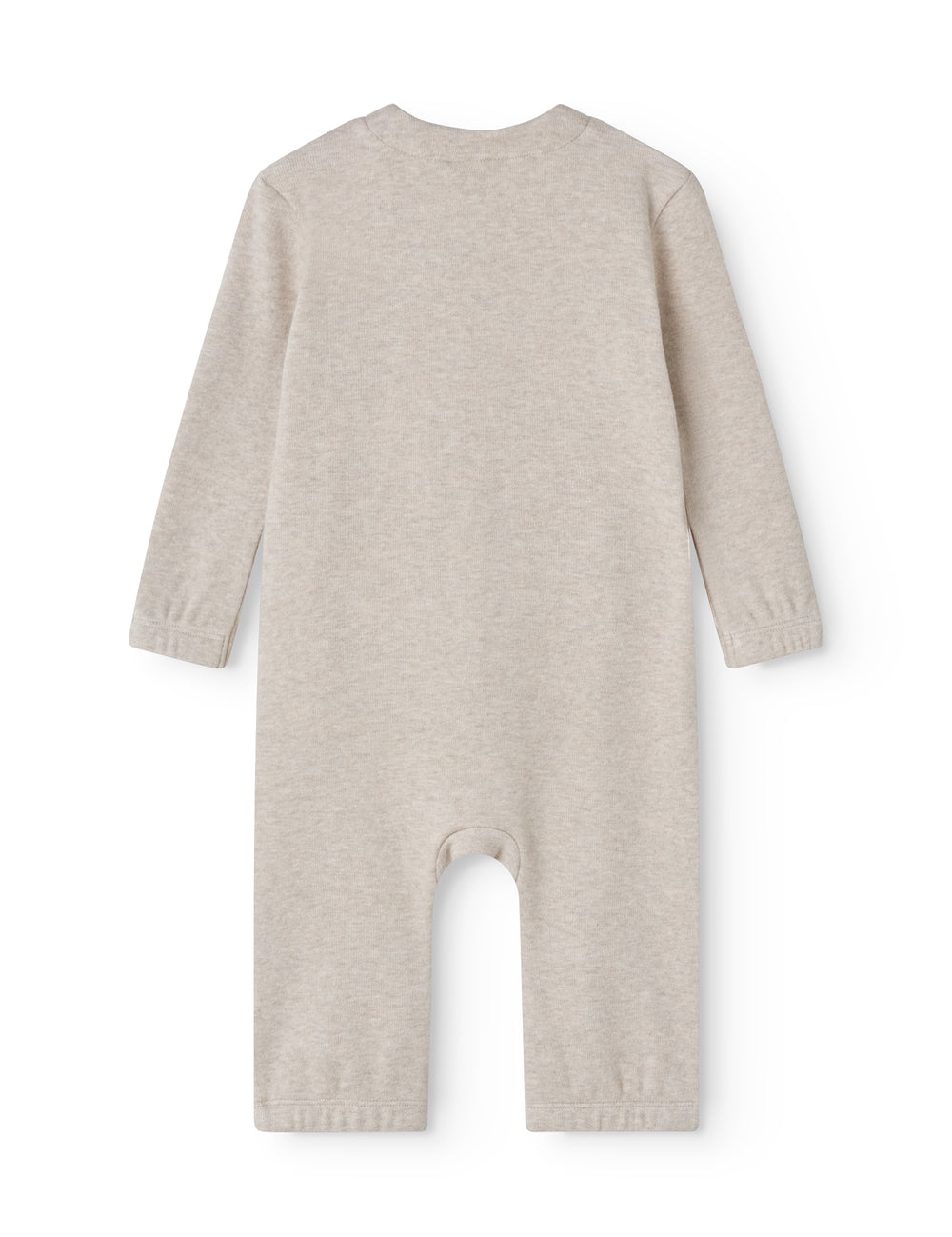 langærmet beige sweat heldragt til baby med skrå trykknaplukning