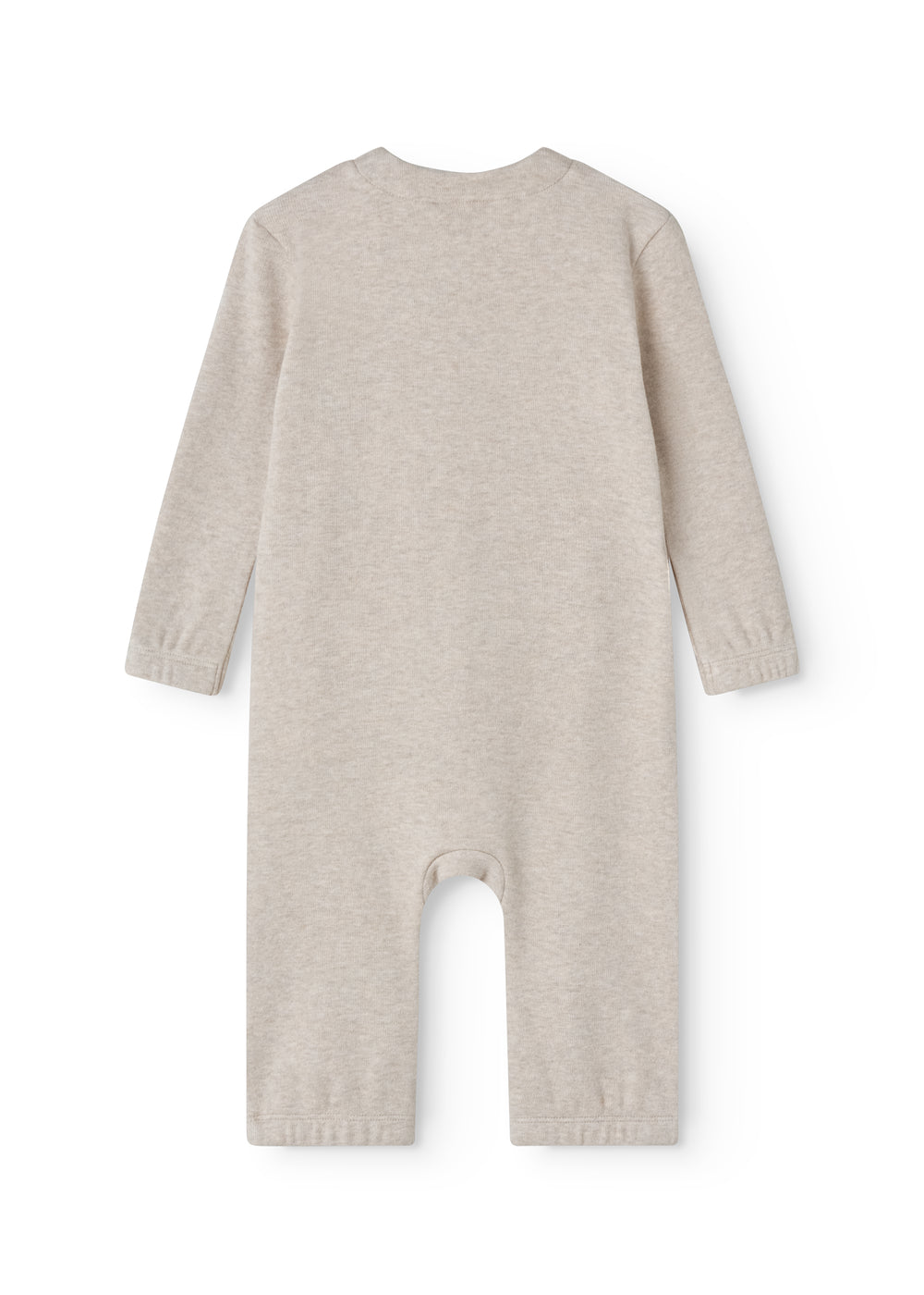 langærmet beige sweat heldragt til baby med skrå trykknaplukning