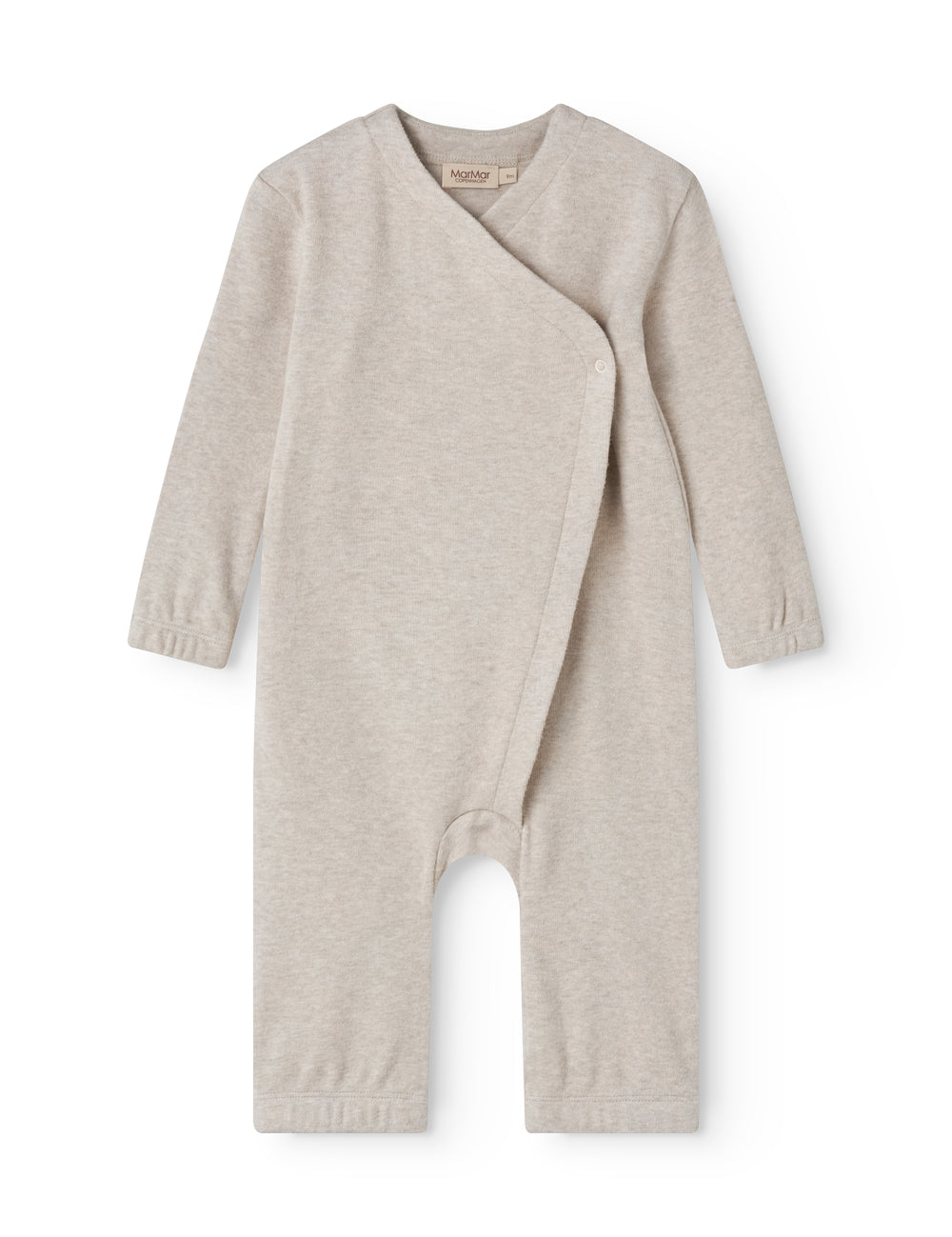 Beige sweatshirt for baby with diagonal button closure.