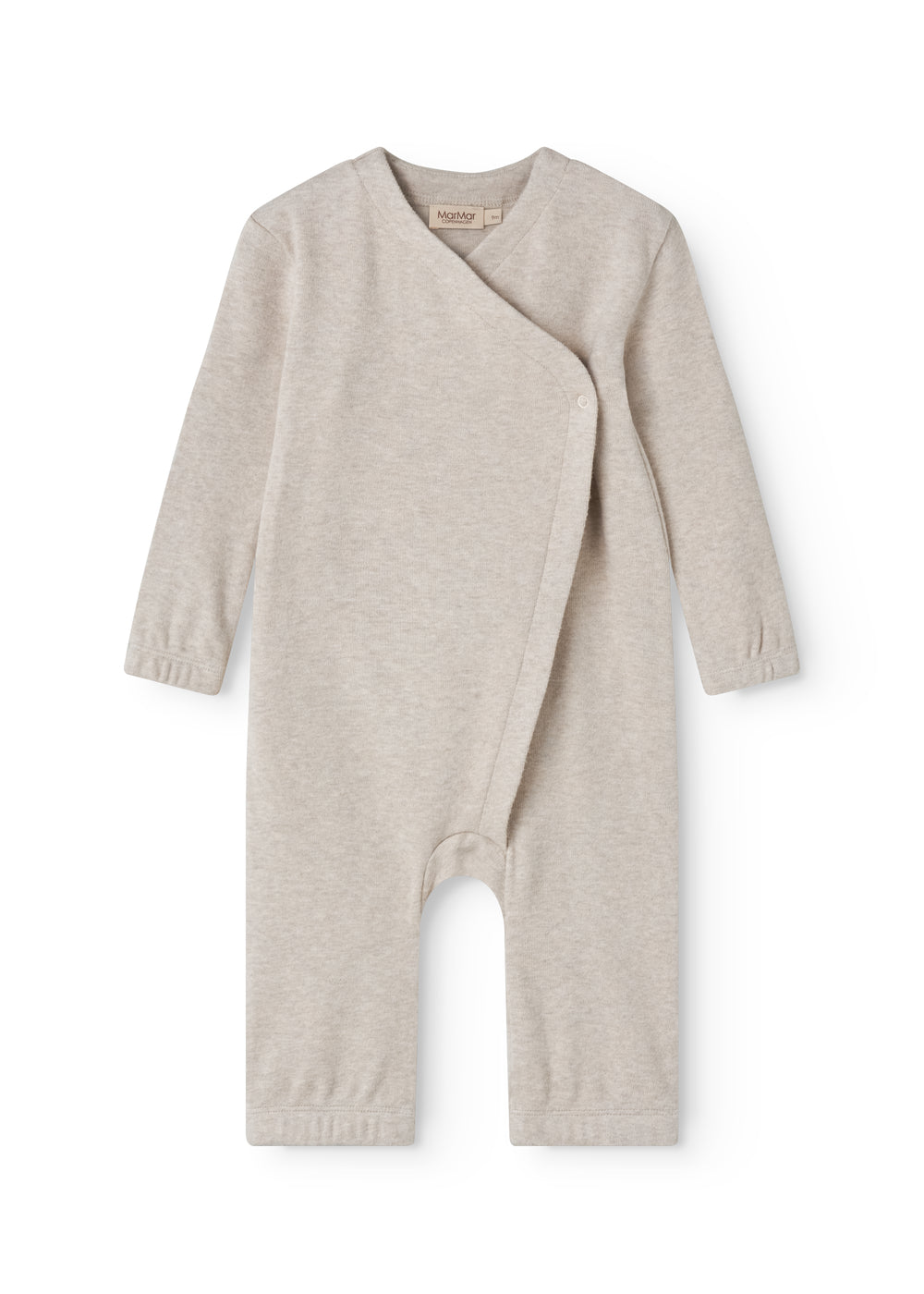 Beige sweatshirt for baby with diagonal button closure.