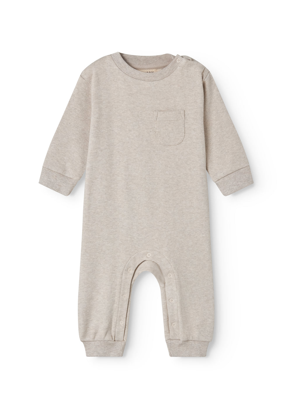 Beige baby onesie with ribbing on the neck, sleeves, and legs.