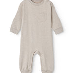 Beige baby onesie with ribbing on the neck, sleeves, and legs.