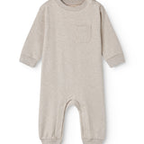 Beige baby onesie with ribbing on the neck, sleeves, and legs.