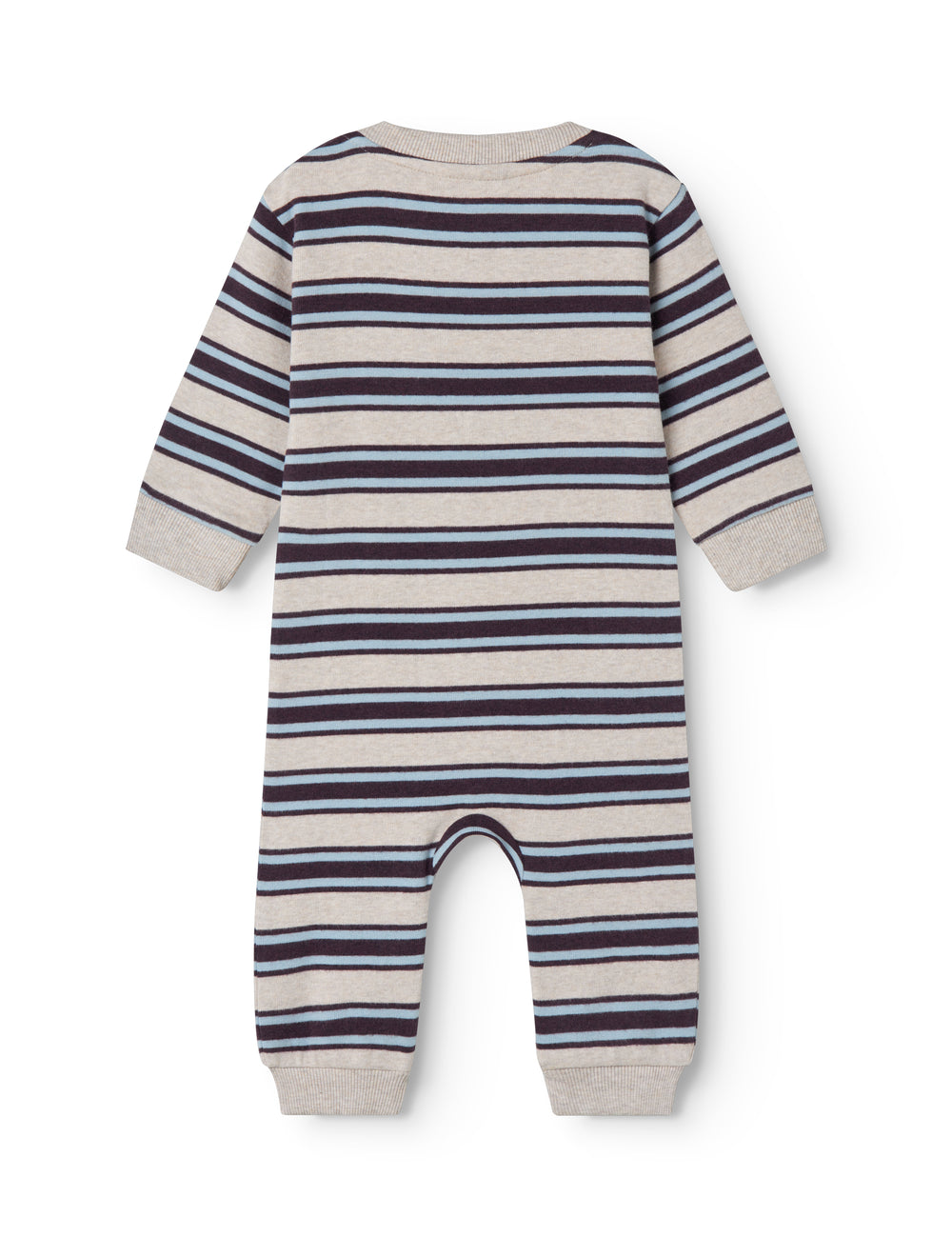 langærmet stribet baby heldragt med rib i hals, ærmer og ben.