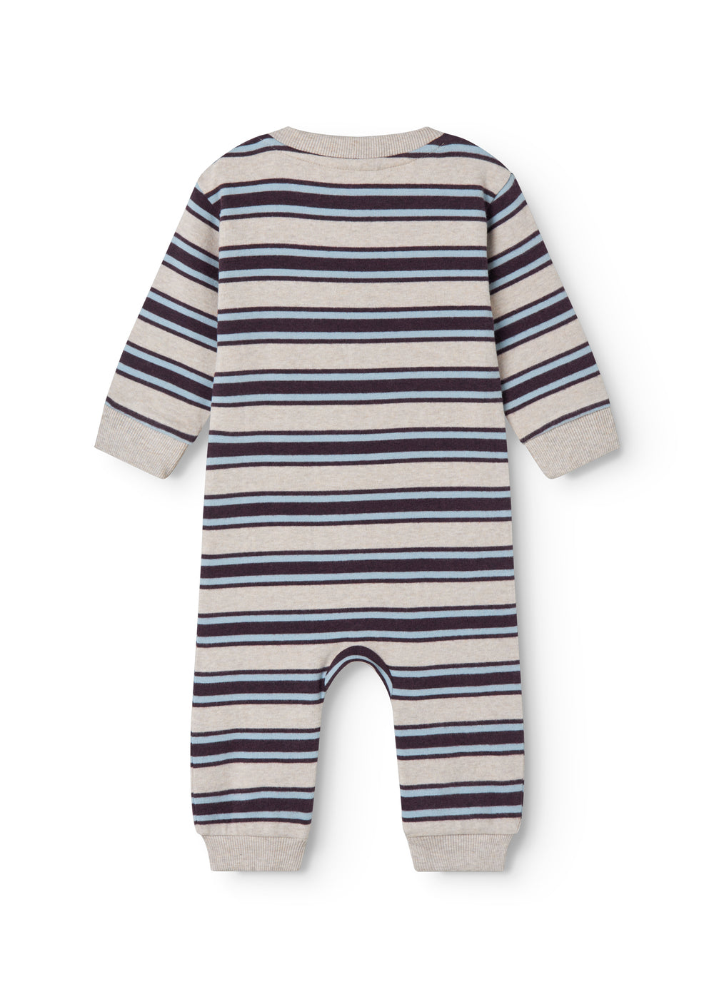 langærmet stribet baby heldragt med rib i hals, ærmer og ben.
