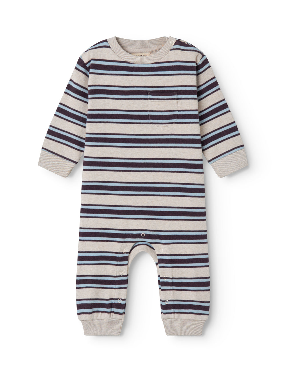 Ribbed striped baby outfit with ribbing in the neck, sleeves, and legs.
