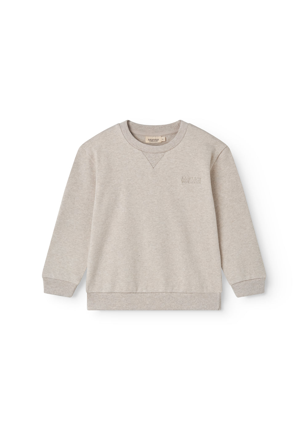 Beige long-sleeved sweatshirt for children with ribbed cuffs.