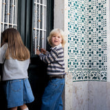 To children wearing striped sweat polo shirts and denim clothing.