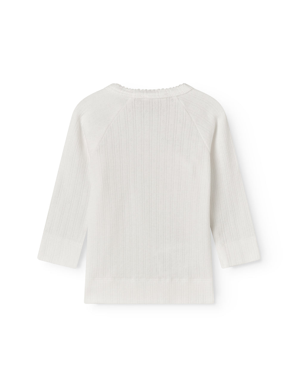 Fleece pointelle blouse for newborns with a wrap-around closure.